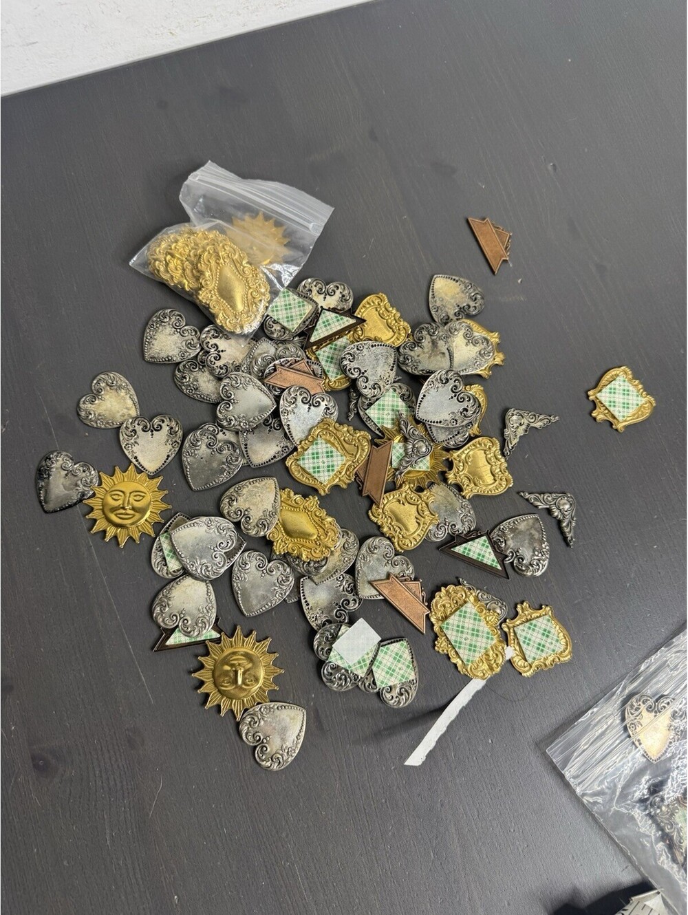 Metal Craft Embellishments Lot Gold Silver Tone Hearts Suns Ornate Appliqués